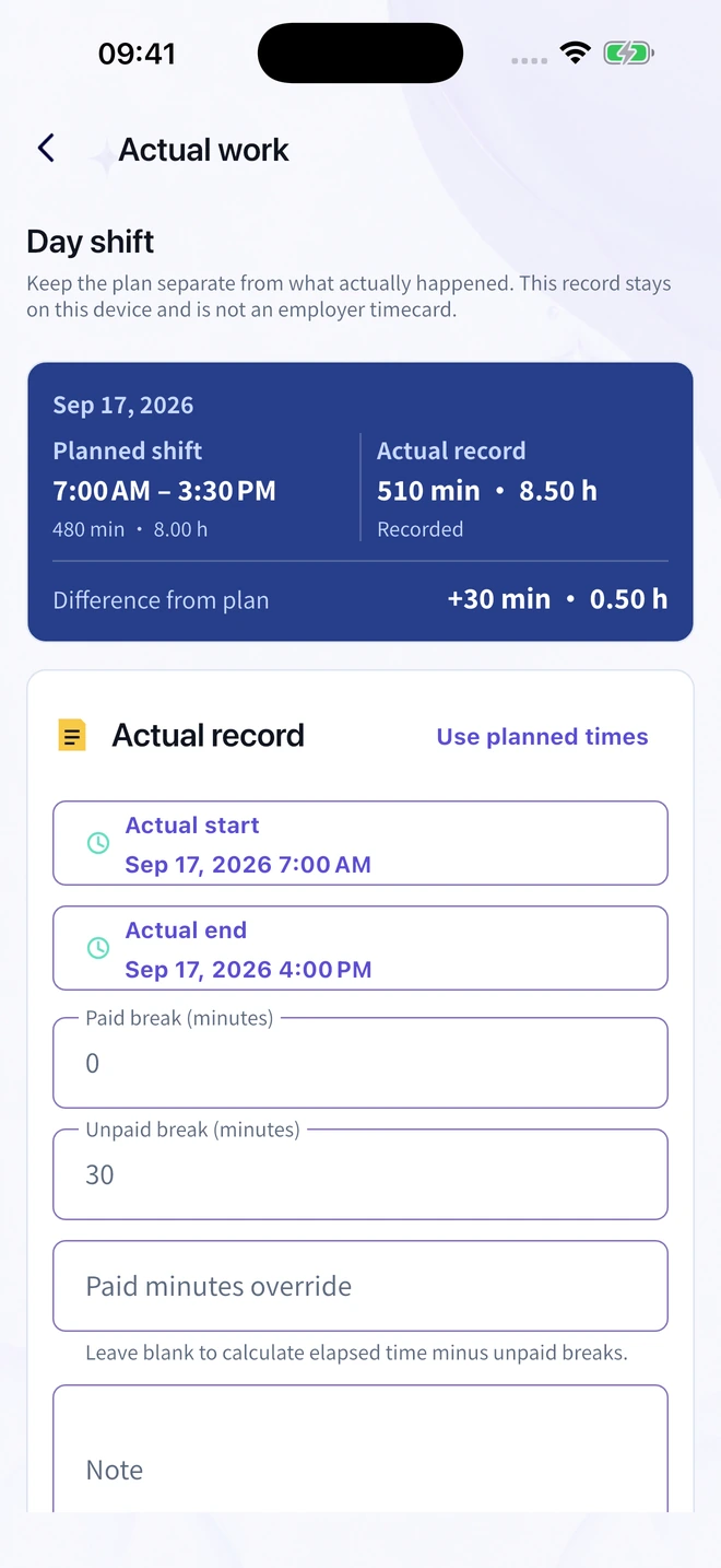 Rostivio Actual Work screen showing an 8-hour planned shift, 8.5 actual hours, and a 30-minute difference. Actual start is 7 AM, end is 4 PM, and unpaid break is 30 minutes.