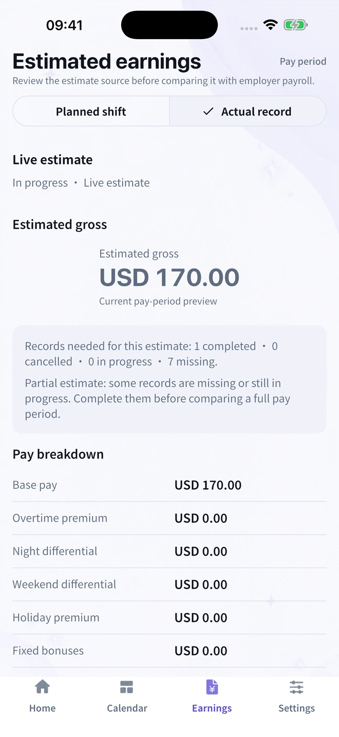 Rostivio shows a USD 170 gross estimate from one completed actual record, with seven missing records and a visible partial-estimate notice.