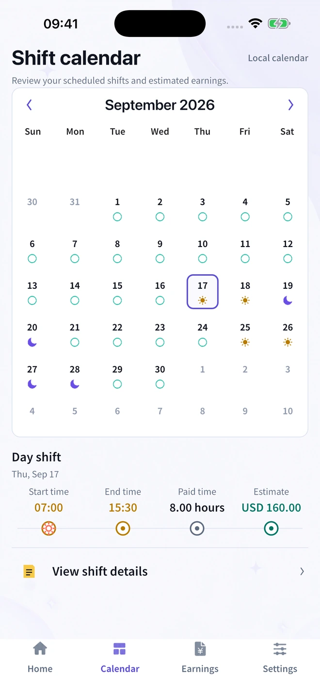 Rostivio September calendar showing a repeating day, night and off-duty shift pattern.